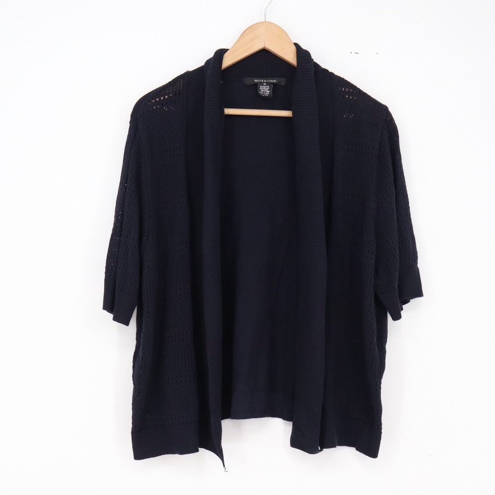 89th & Madison Cardigan Womens 1X Short Sleeve Open Front Navy Blue Fair
